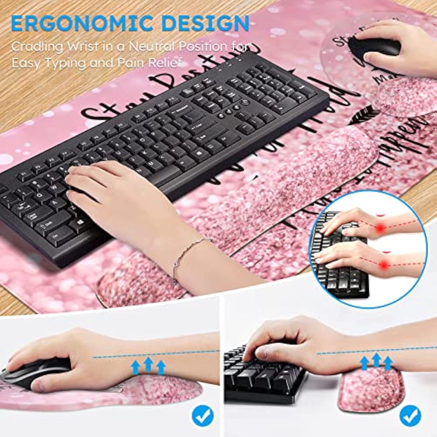 Mouse Pad,Large Pink Desk Mat, 4In1 Xxl Mousepad + Keyboard Wrist Rest+Mouse Wrist Rest+Coaster Set With Ergonomic Desk Pad For Home Office Table Computerpink Stay Positive