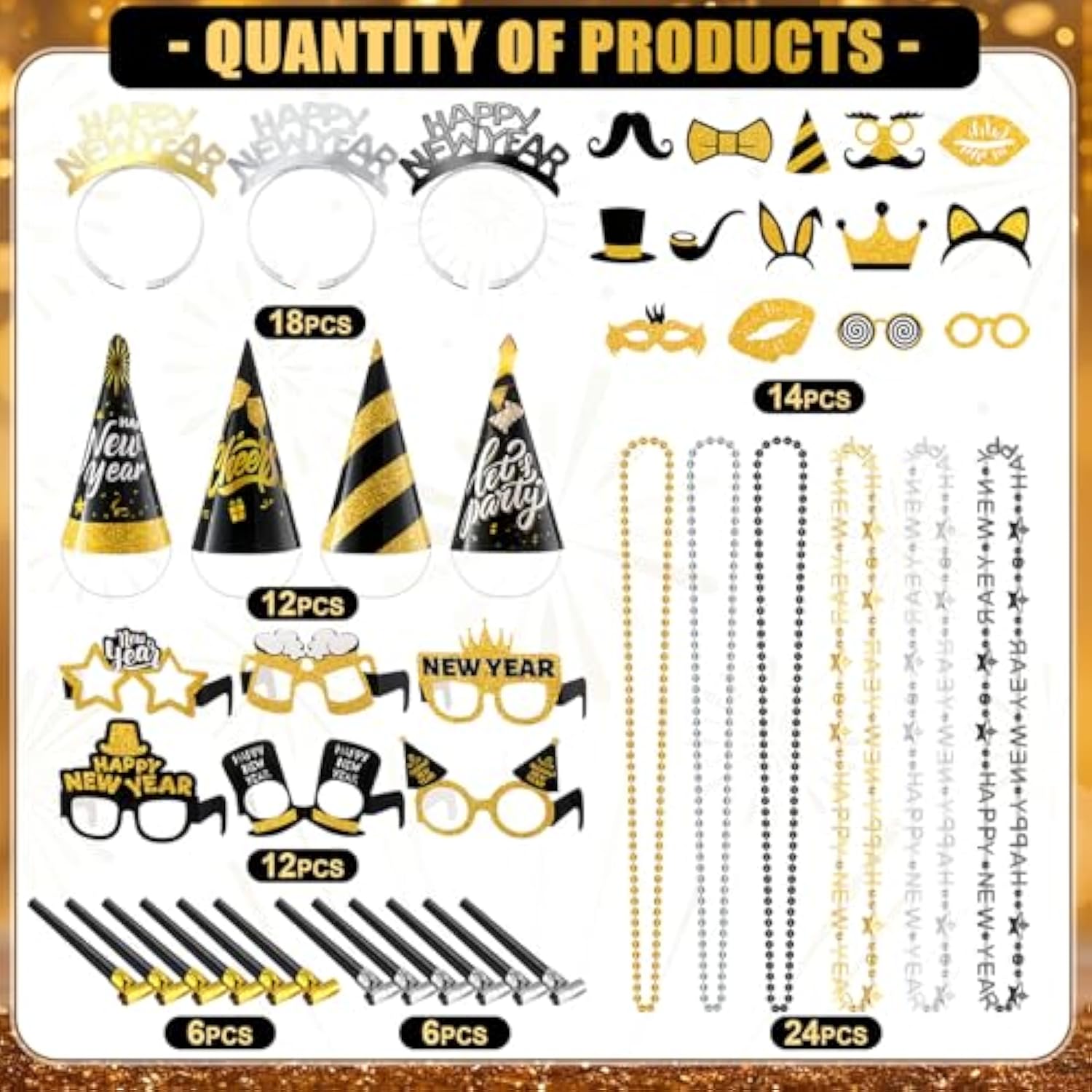 104 Pcs New Year 2026 Party Supplies Hats Tiara Glasses Noise Makers