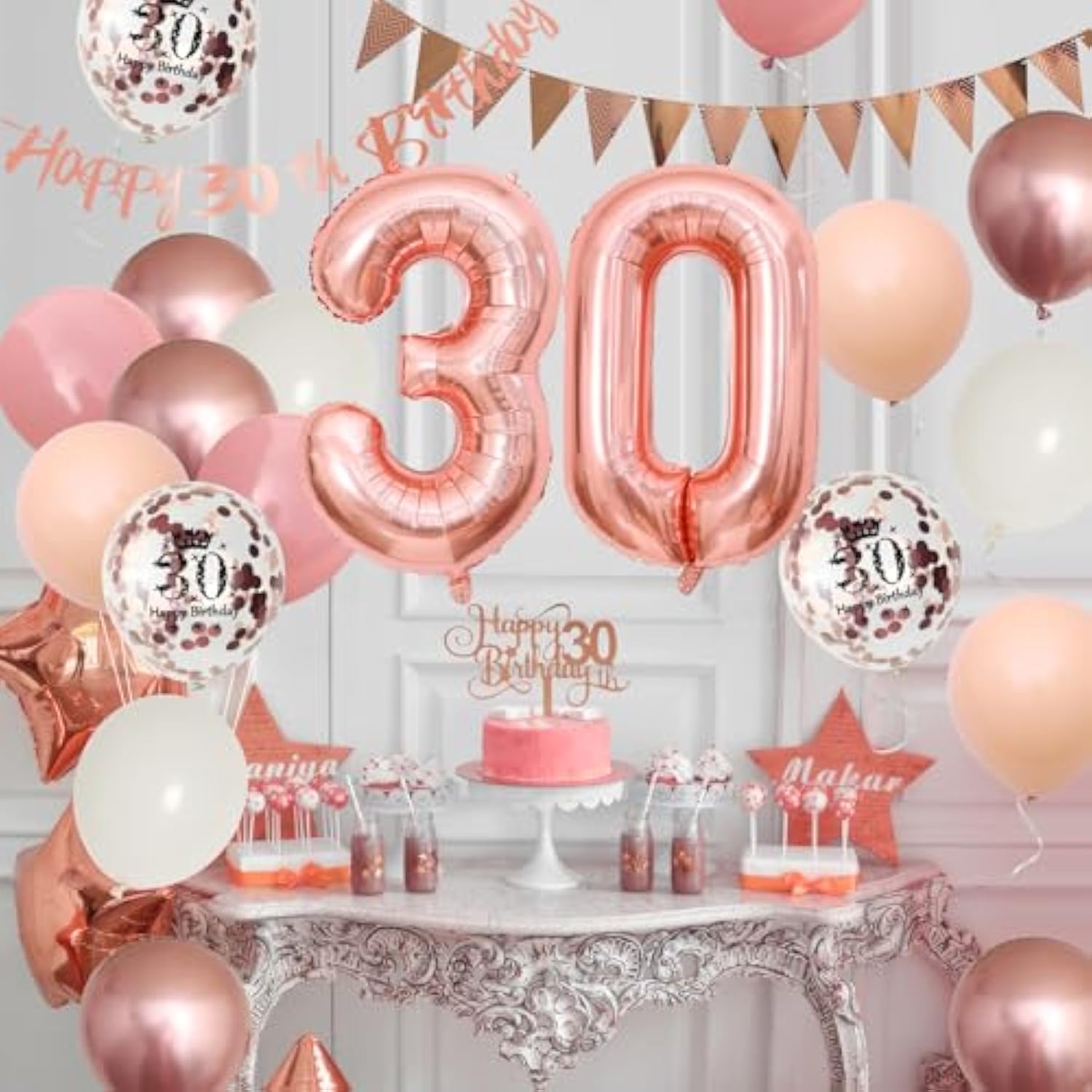 30Th Birthday Decorations Retro Pink Rose Gold,30Th Birthday Balloons,Happy 30Th Birthday Banner With Cake Toppers Rose Gold Number 30 Balloons Confetti Balloons For Women Birthday Party Decorations