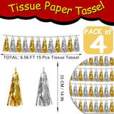 4P Gold Silver Tassel Banner Garland Metallic Foil Fringe Banner Tinsel Tassels Streamer Banner Backdrop For Parade Floats, Graduation Decorations, Father' Day, Halloween, Christmas Decorations