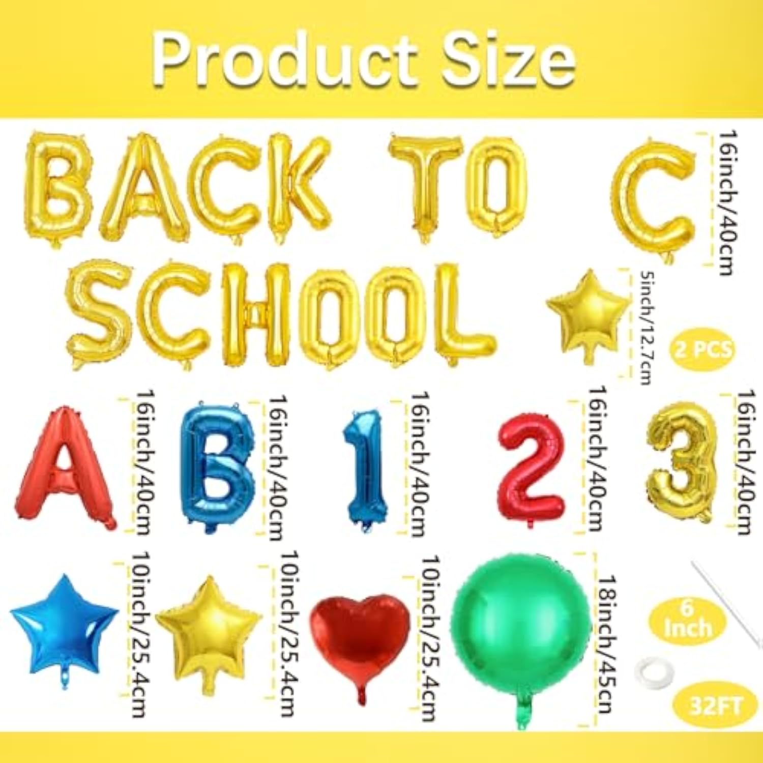 16 Inch Gold Foil Back To School Letter Balloon Set, Abc 123 Balloons, Stars, Heart, And Round Shape – Classroom Welcome Kit For First Day Of School, Teacher Appreciation, Bulletin Board Decorations