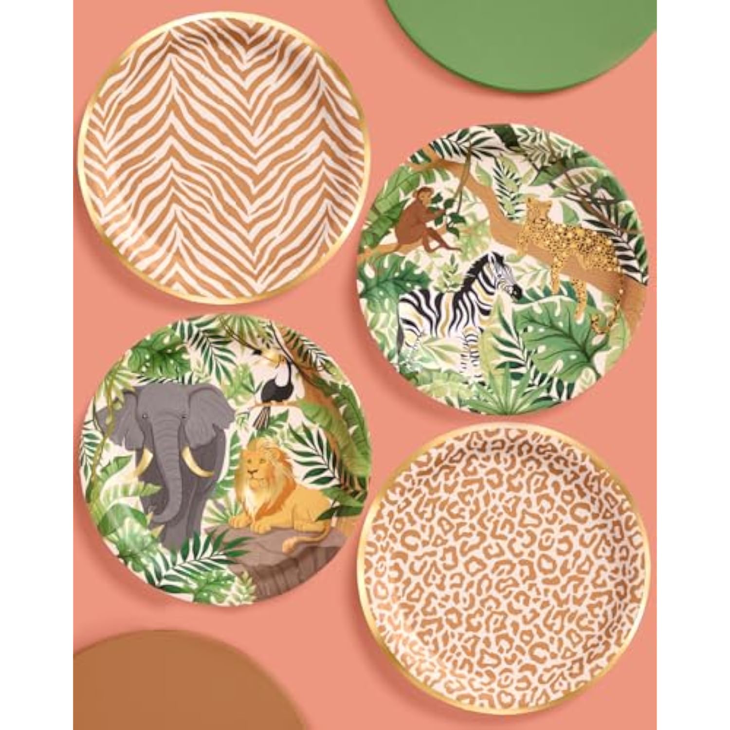 Animal Print Safari Paper Plates, 4 Designs | 24 Pcs 9" | Kids Decorations, Jungle Party Setting, Wild Birthday Decor, Rainforest Tablescape, Zoo Table Decor