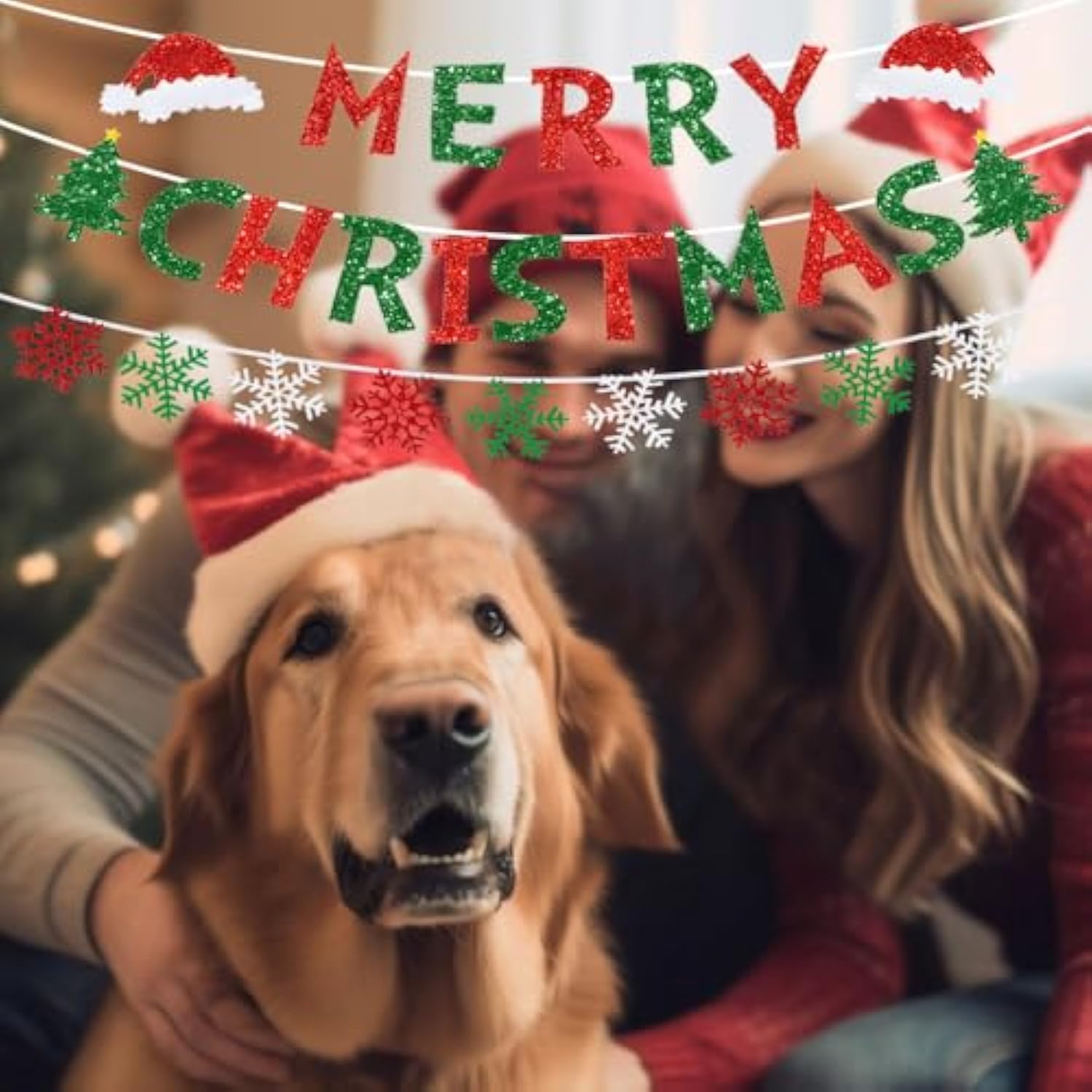 Merry Christmas Banner - Red & Green Glittery Christmas Bunting Garland With Snowflakes For Indoor Room Decoration