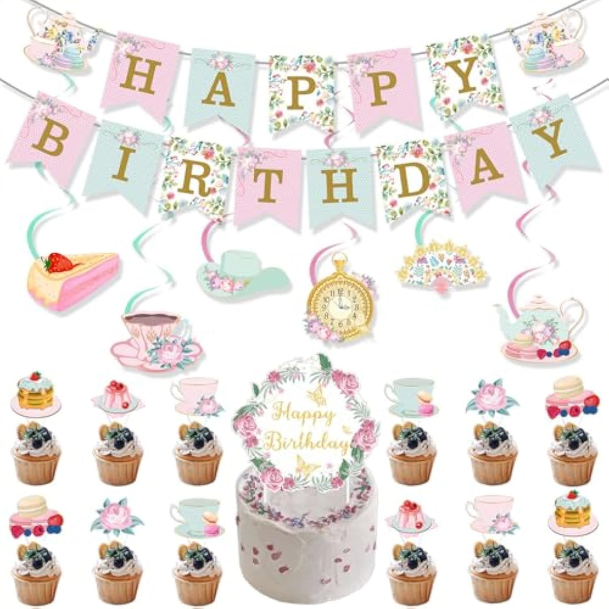 Birthday Party Decoration, Happy Birthday Banner Party Backdrop With Banner?Swirl?Honeycomb Balls?Circle Parper Garland For Girl Woman Pastel Festivals Party Decoration