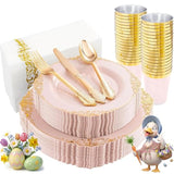 175Pcs Pink Plastic Plates - Pink And Gold Disposable Plates Sets, Include 25 Dinner Plates,25 Dessert Plates,25 Cutlery Sets,25 Napkins Perfect For Wedding & Party & Holiday & Easter