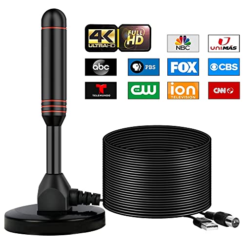 Indoor TV Antenna with 2 Signal Boosters & 32FT Cable Digital Antenna for Smart TV, Magnetic Base, Supports 4K 1080p Dual Amplifiers for Long Range