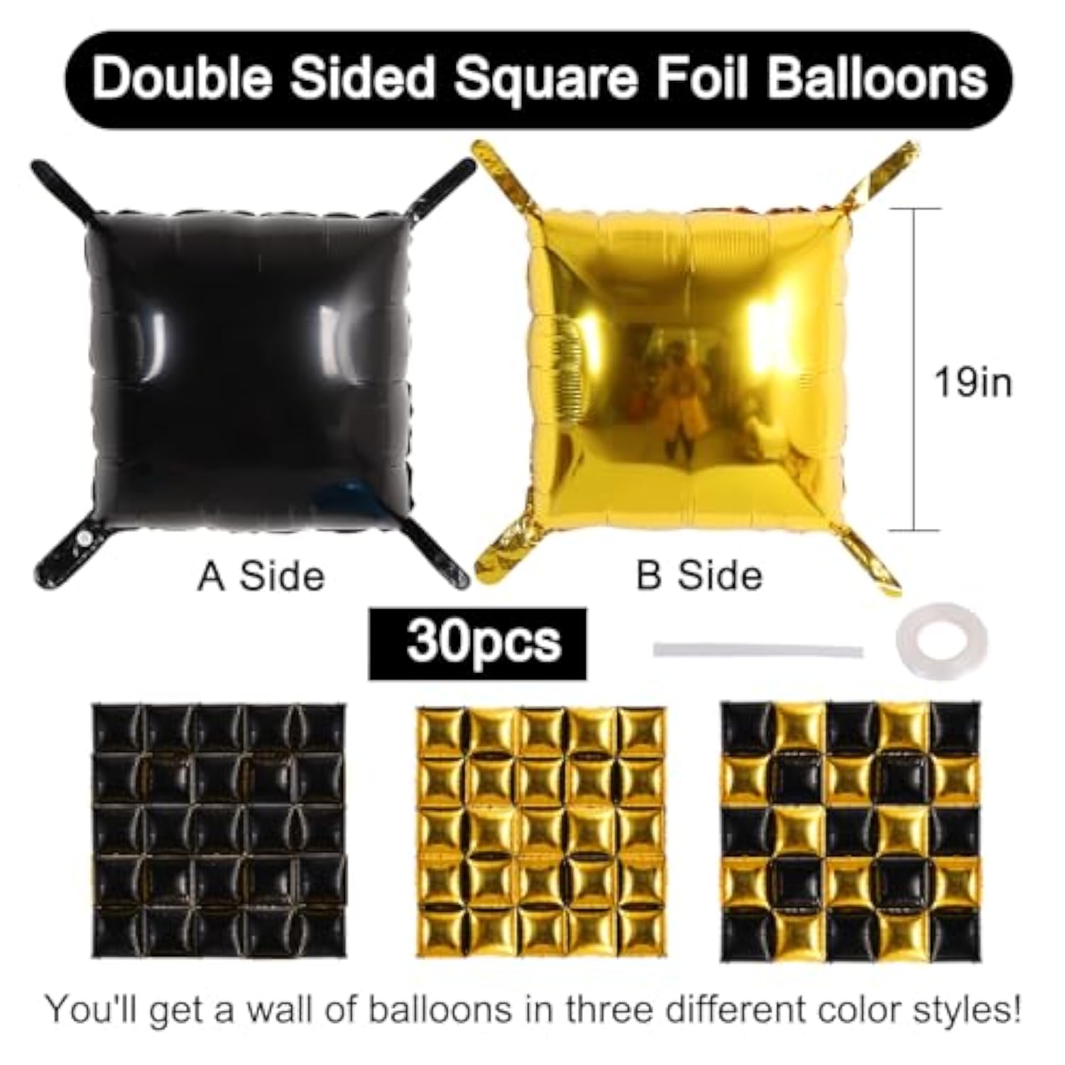 30pcs Gold Black Square Foil Balloons Double Sided Garland Arch Party Decor