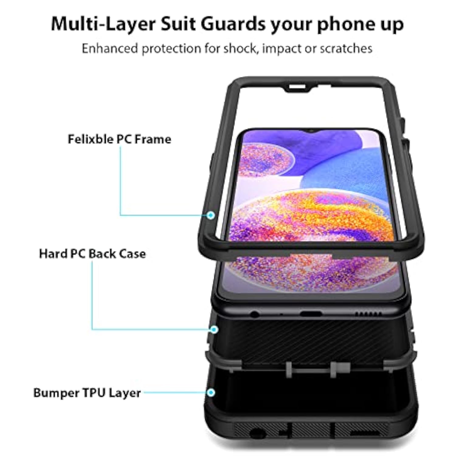 For Samsung A23 Case, [Shockproof] [Anti-Dust] [Heavy Duty Protection] Tough Rugged Dual Layer Raised Edge Outdoor Protective Hybrid Phone Case For Samsung Galaxy A23 5G 2022 (Not For Uw) Black