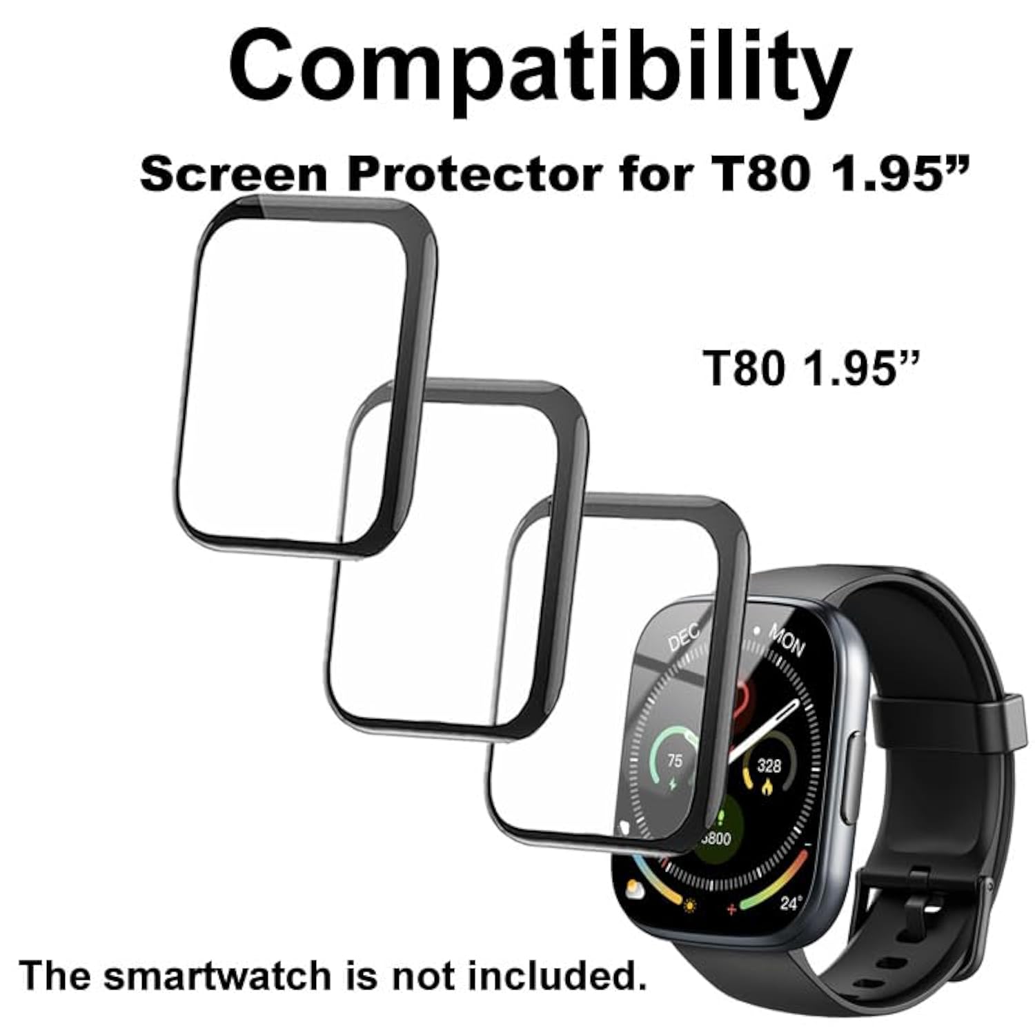 3D Screen Protector Compatible With Puqo Cillso T80 1.95 Inches Fitness Tracker Smart Watch, Pmma Material, Anti-Shatter, Full Coverage, With Non-Slip Pad Sticker, 3-Pack