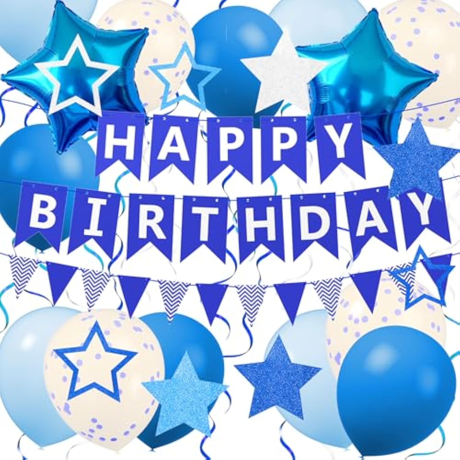 Blue Birthday Decorations For Boys - Happy Birthday Banner, Star Foil Balloons, Latex Balloons & Pennant Banner Set, For Boys' Birthday, Teen Celebration, And Any Blue Themed Party