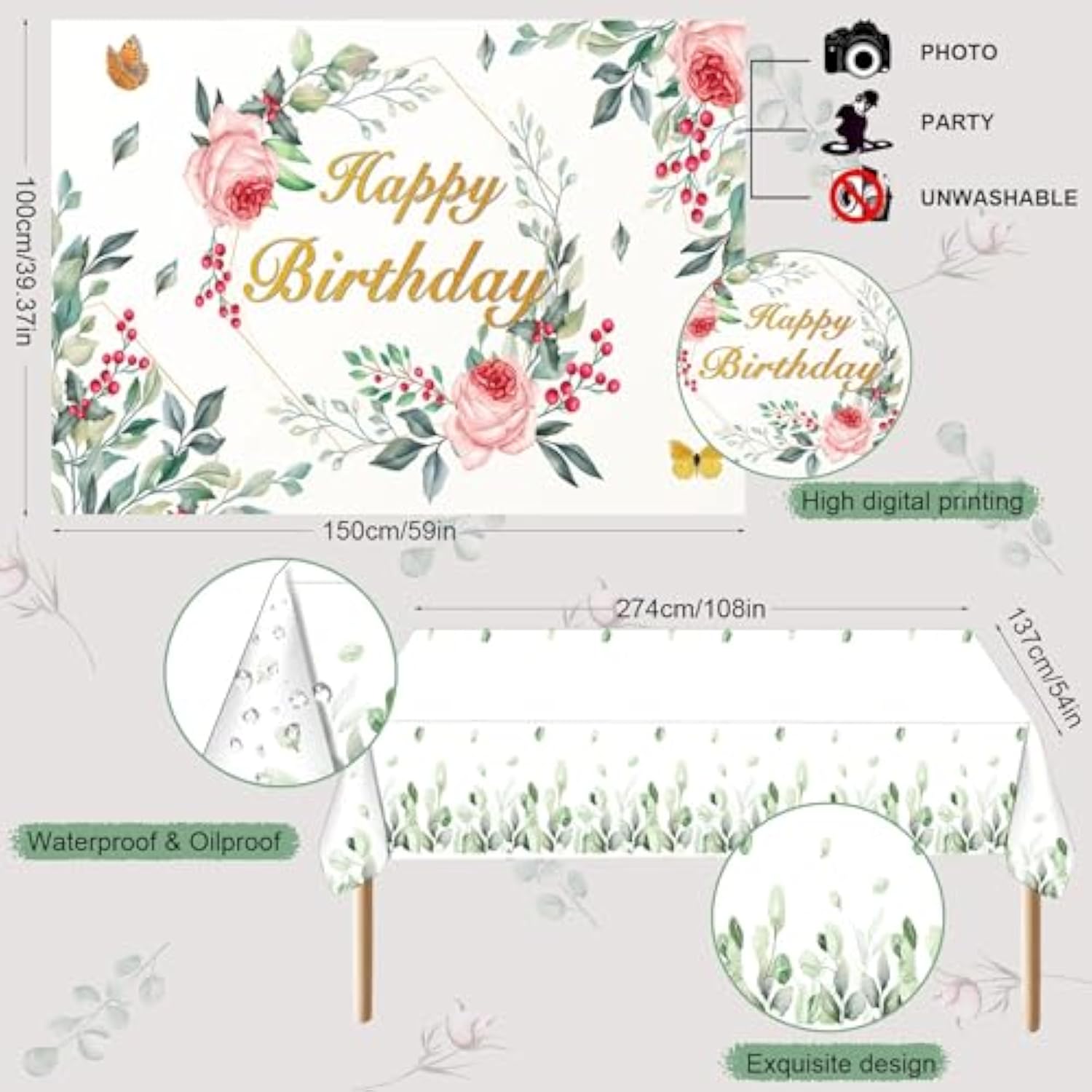Sage Green Birthday Decorations Women Birthday Party Supplies Including Floral Backdrop, Sage Green Pink Balloons Garland Arch Kit, Tablecloth, Cupcake Toppers For Girls