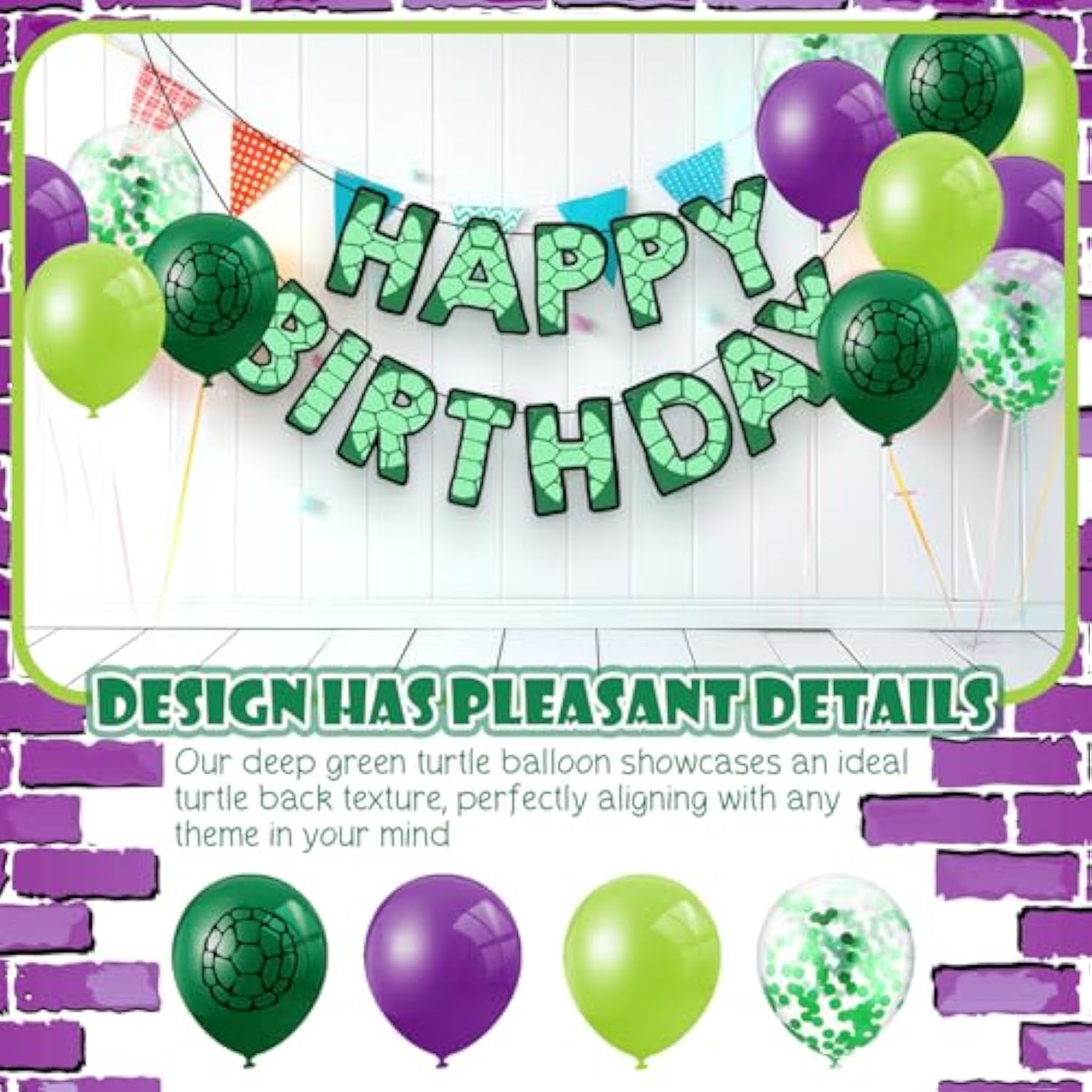 45 Pcs Cartoon Turtles Birthday Balloon Decorations Purple Dark Green Turtle Print Balloon Decor For Birthday Party Supplies