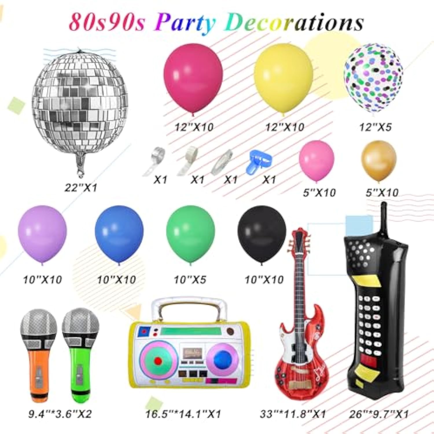 80s 90s Party Balloon Garland Kit: Disco, Boombox, Guitar - 90 Piece