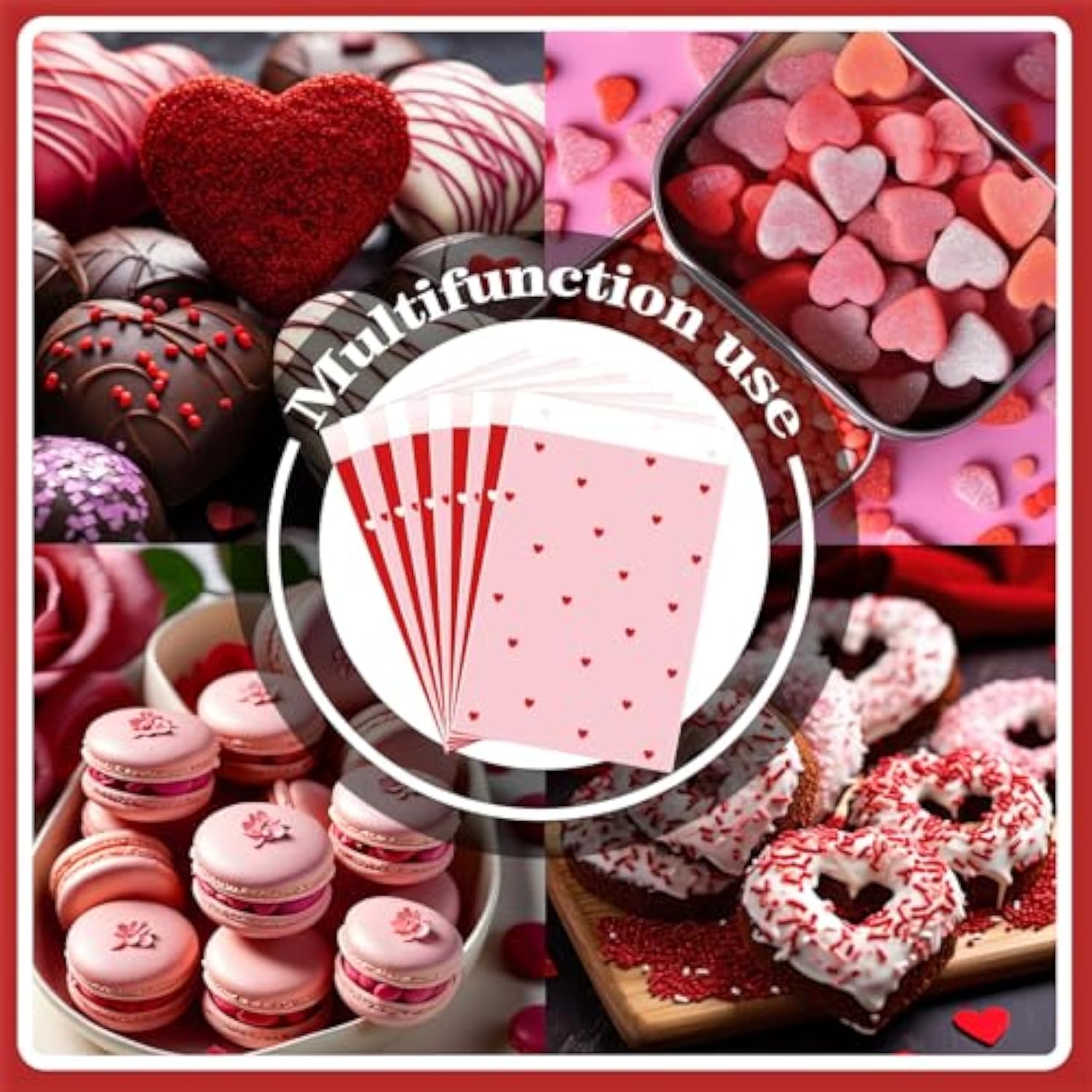 100Pcs Valentine Treat Bags Red Pink Self-Adhesive Paper Gift Bags Cute Heart Prints Goodies Candy Buffet Bags Holiday Cookie Bag For Wedding Mother'S Day Party Supplies