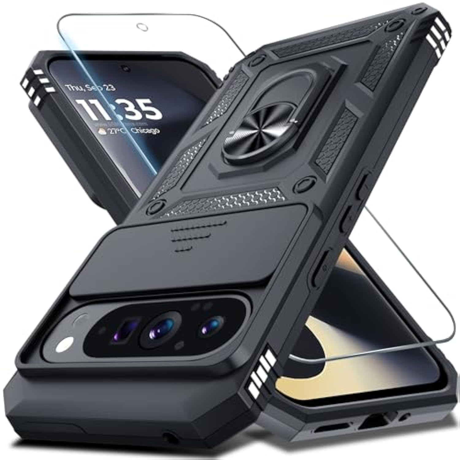 Google Pixel 9 Pro XL Case with Slide Camera Cover Screen Protector and Ring Holder Black
