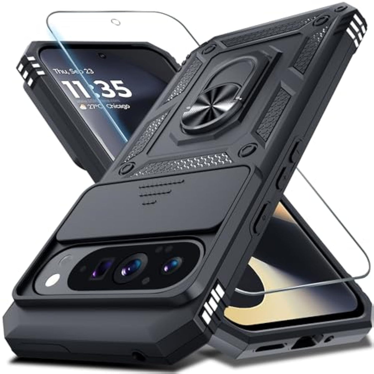 Google Pixel 9 Pro XL Case with Slide Camera Cover Screen Protector and Ring Holder Black