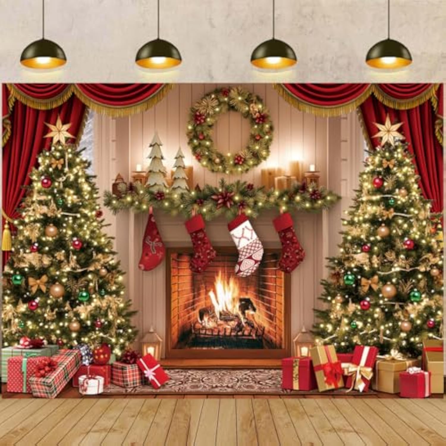 Christmas Photography Backdrop 6x4ft Tree & Fireplace Party Banner