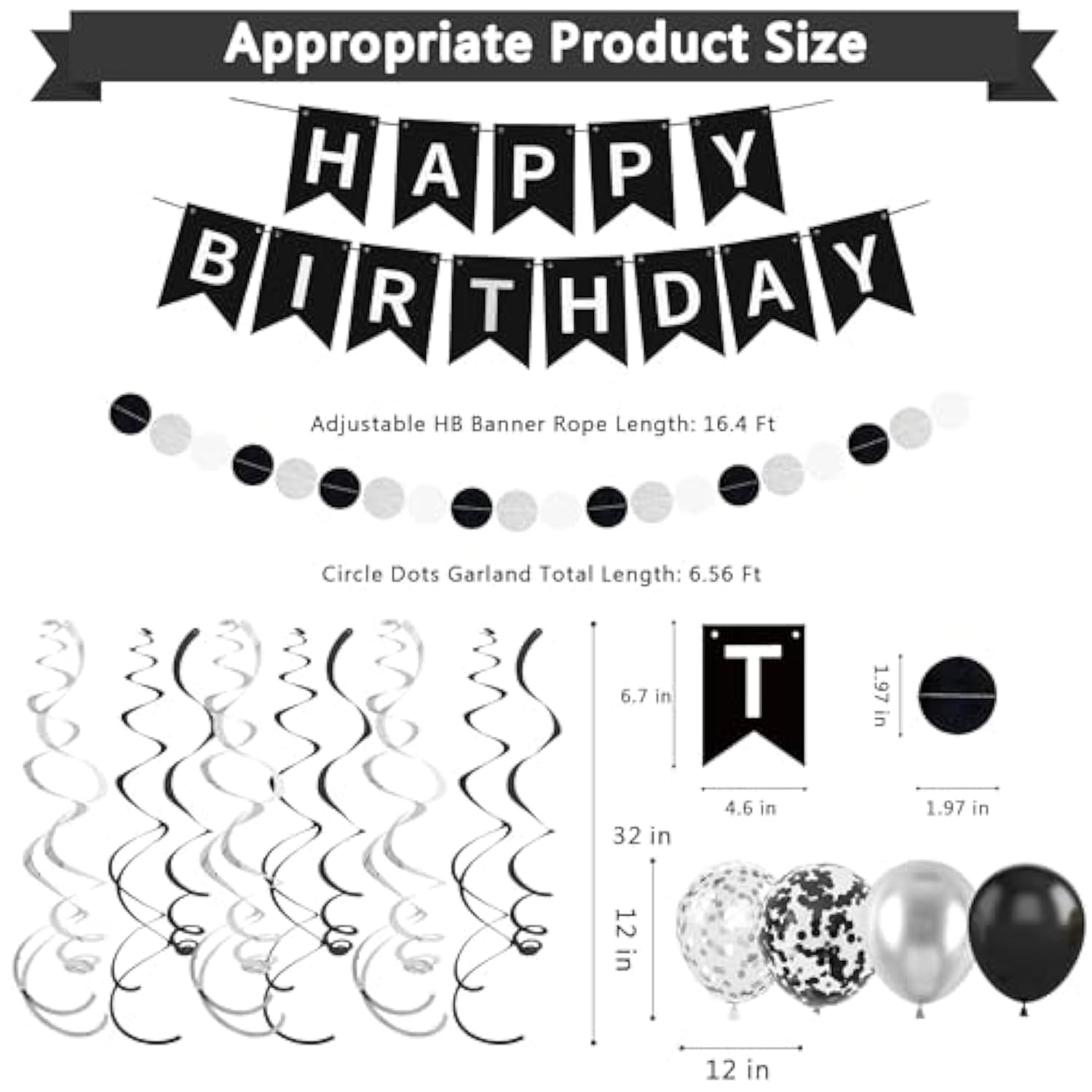 Black & Silver Happy Birthday Decorations, Banner, Swirls, Balloons & Party Supplies