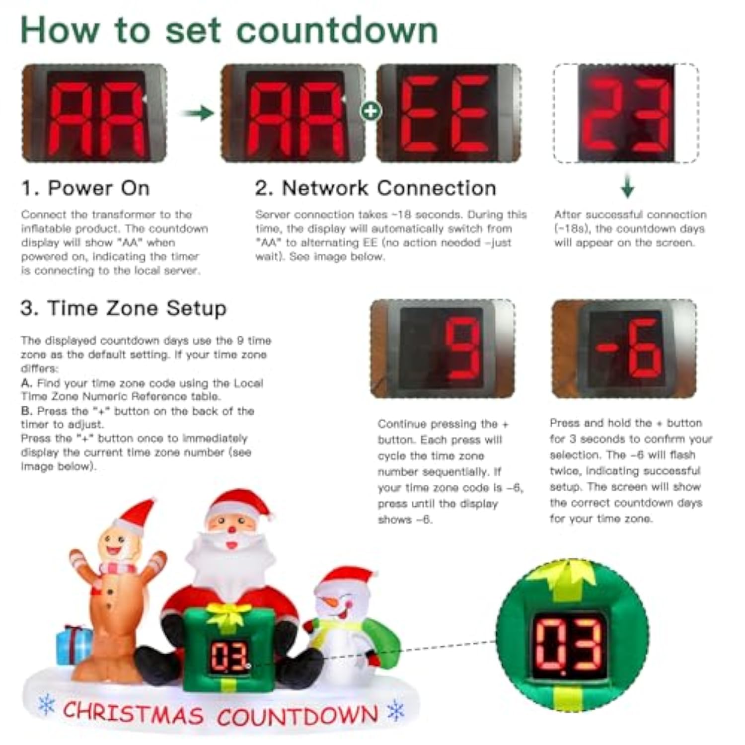 10 Ft Christmas Inflatable Outdoor Decorations With Led Christmas Countdown Clock, Snowman Santa And Gingerbread Man, Li