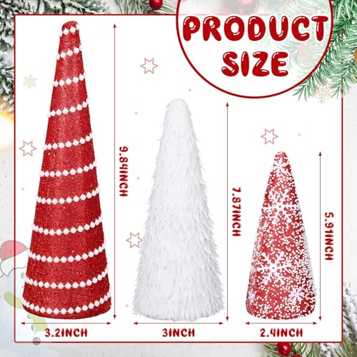 3 Pcs Christmas Cone Trees Glitter Table Decor, Red White Style