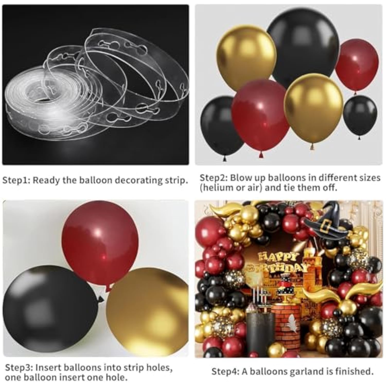 Burgundy Black Gold Balloon Garland Kit – Includes DIY Hat & Wings for Party Decorations