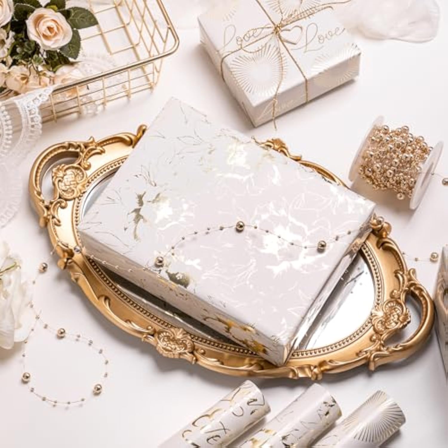 Gold Wedding Wrapping Paper Roll, Gold Flower, Love Heart, Ring & Forever And Ever Lettering Design For Wedding, Engagement, Bridal Shower, Anniversary, Mini Roll, 17 X 120 Inches, 3 Rolls