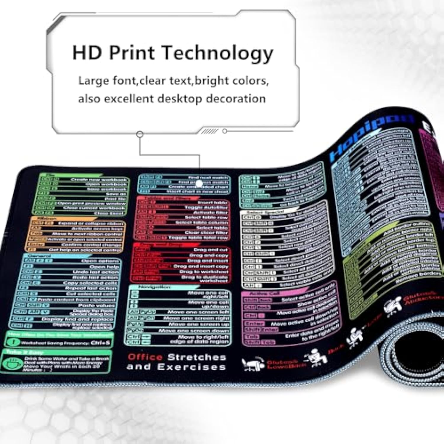Excel Cheat Sheet Desk Pad With 231 Shortcuts | Us Local Store | Xl 31.5"X11.8" Waterproof Mousepad | Non-Slip Office & Gaming Desk Mat | Stitched Edges | Employee Appreciation Gifts