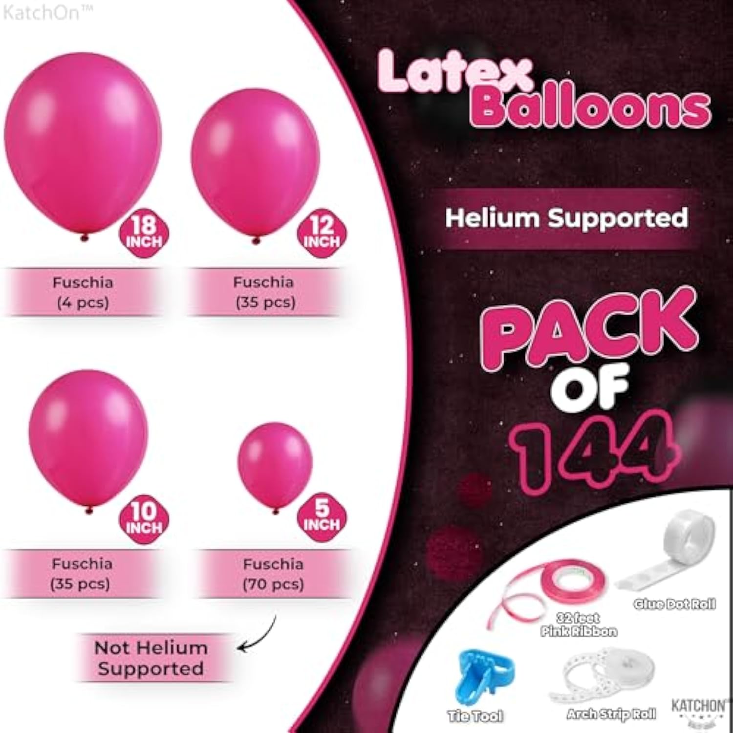 144 Pcs Fuchsia Pink Balloons Arch Kit - Different Sizes 18, 12, 10, 5 Inches | Birthday Balloons Kit, For Birthday Decorations | Graduation Decorations 2025