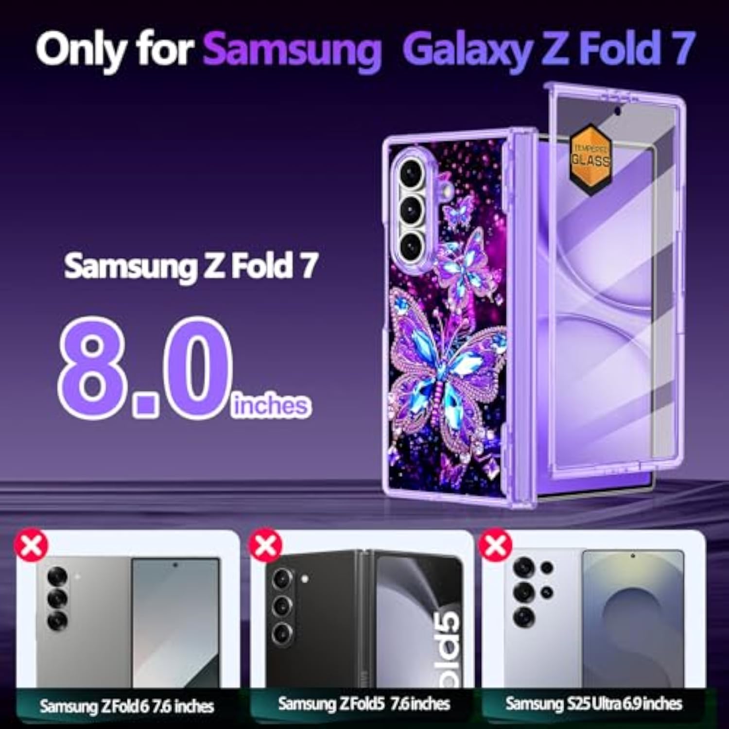 Glow in the Dark Galaxy Z Fold 7 Case with Stand and Hinge Protection for Women Girls, Purple Butterfly Design, Compatible with MagSafe, Slim Fit for Samsung Galaxy Z Fold 7