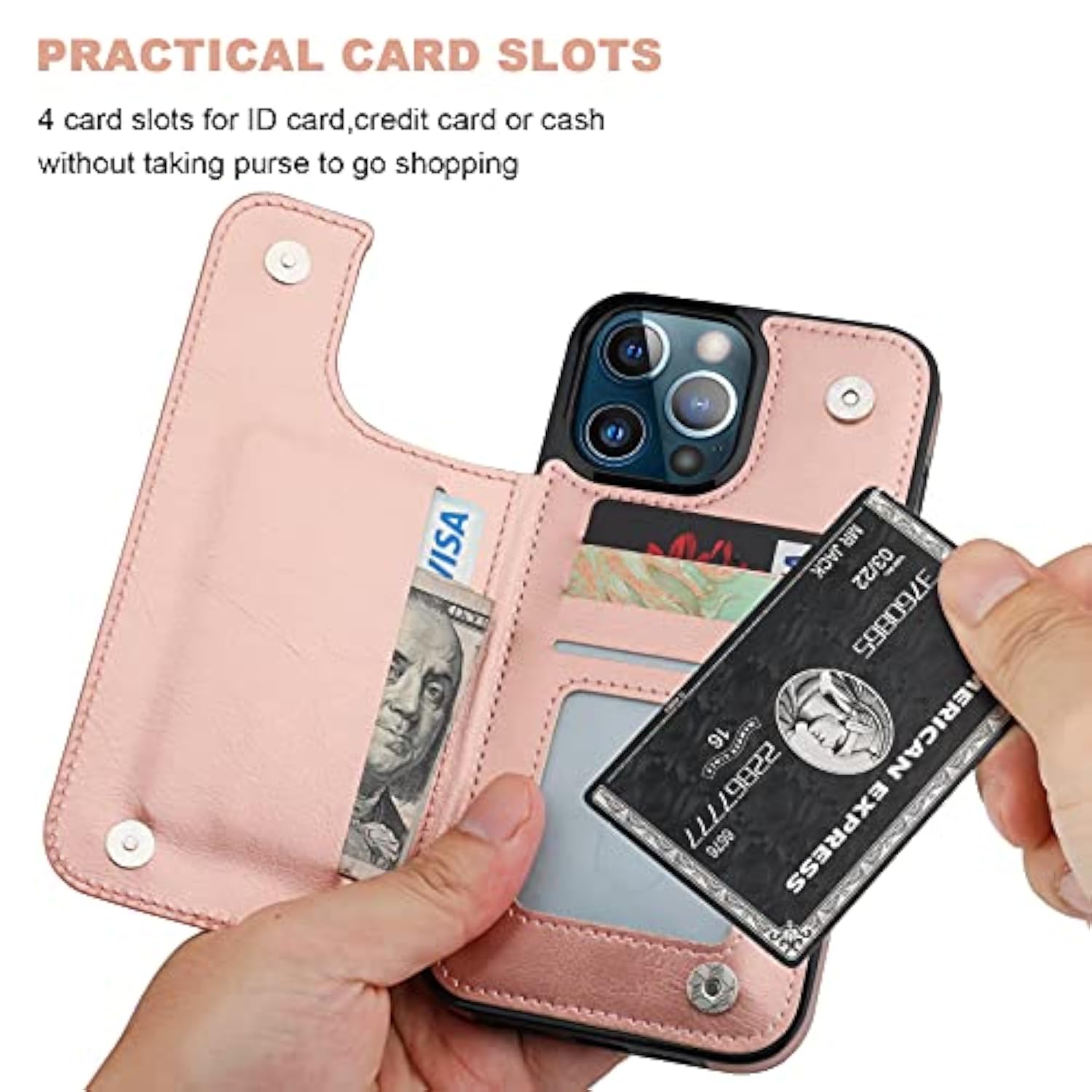 Rose Gold iPhone 13 Pro Max Wallet Case with Card Holder, PU Leather Kickstand and Double Magnetic Clasp