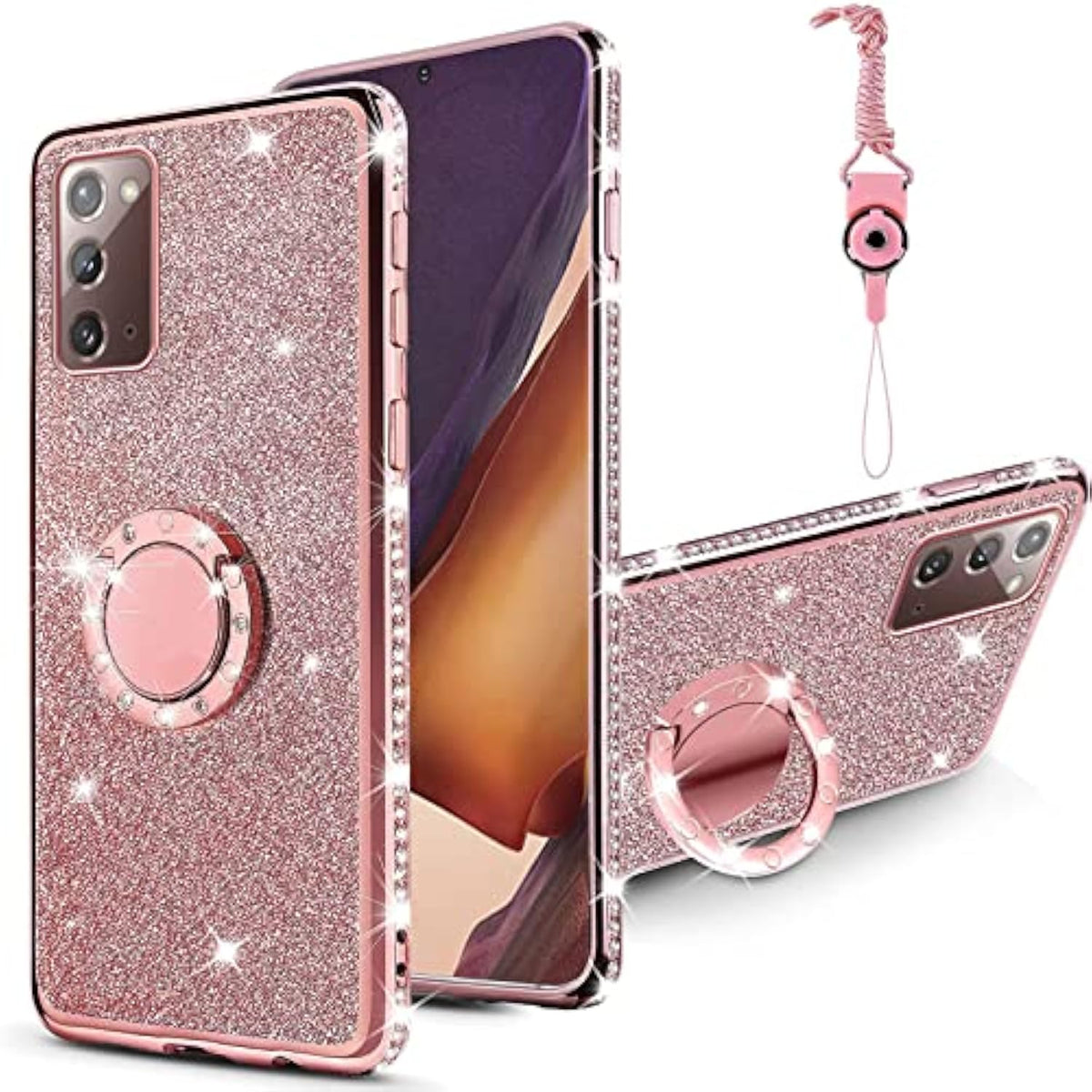 For Galaxy Note 20 Case With Ring Stand Lanyard Strap, Cute Bling Shiny Glitter Girly Women Drop Protection Shockproof 2-Layer Protective Phone Cover For Samsung Note 20 5G - Rose Gold