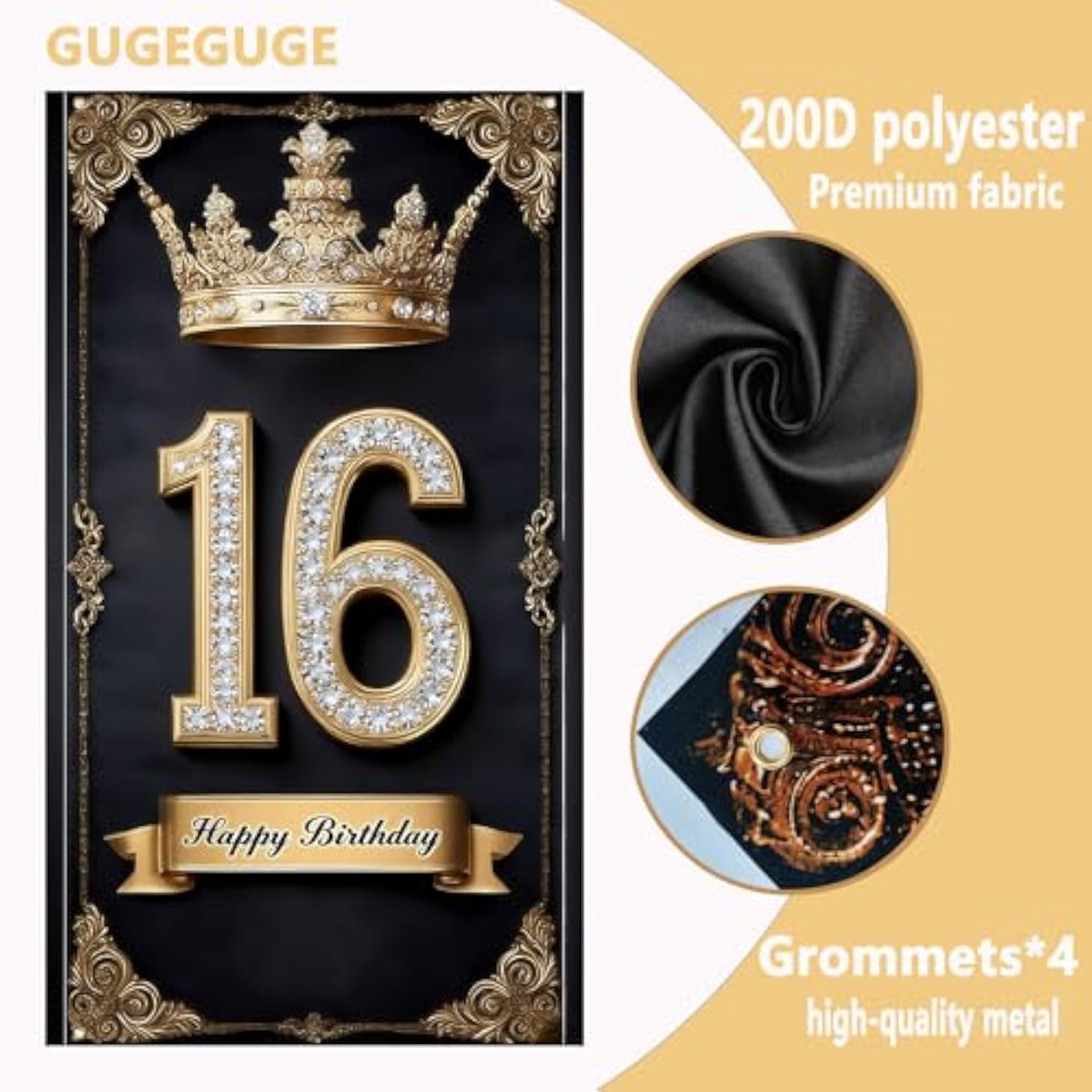 Happy 16St Birthday, Boys And Girls. Golden Black Crown Flag Background Decoration, Poster Background Photo, Booth Prop Decoration, Used For Birthday Parties, Wedding Anniversaries