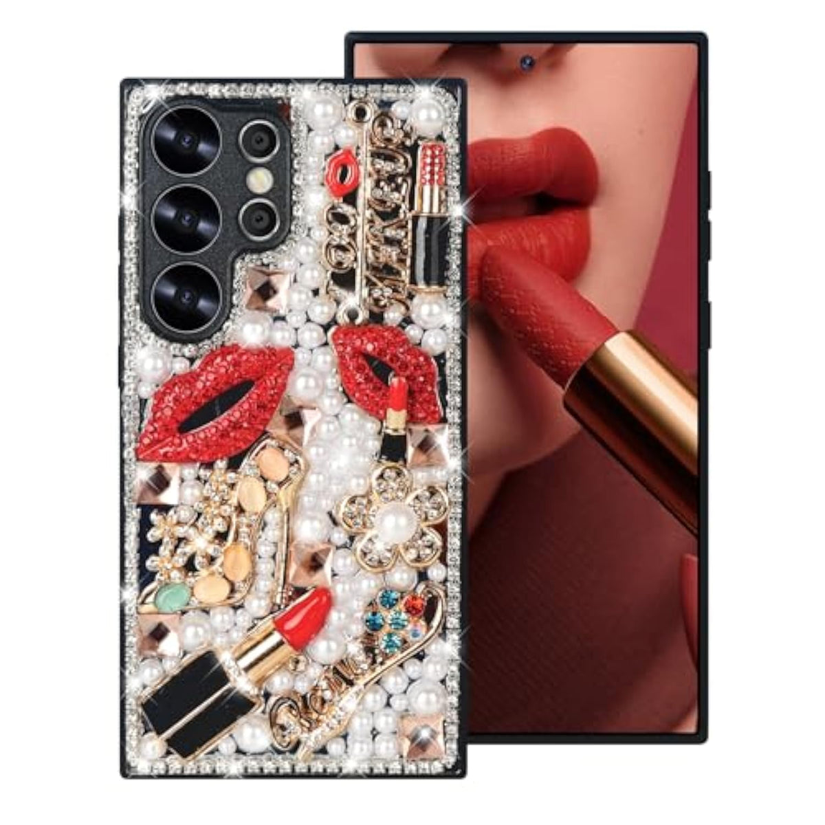Compatible With Galaxy S25 Ultra Bling Case For Women Girls Luxury Sparkle Glitter 3D Handmade Diamond Crystal Rhinestone Lips Lipstick Pearl Flowers High Heels Soft Protective Case Clear