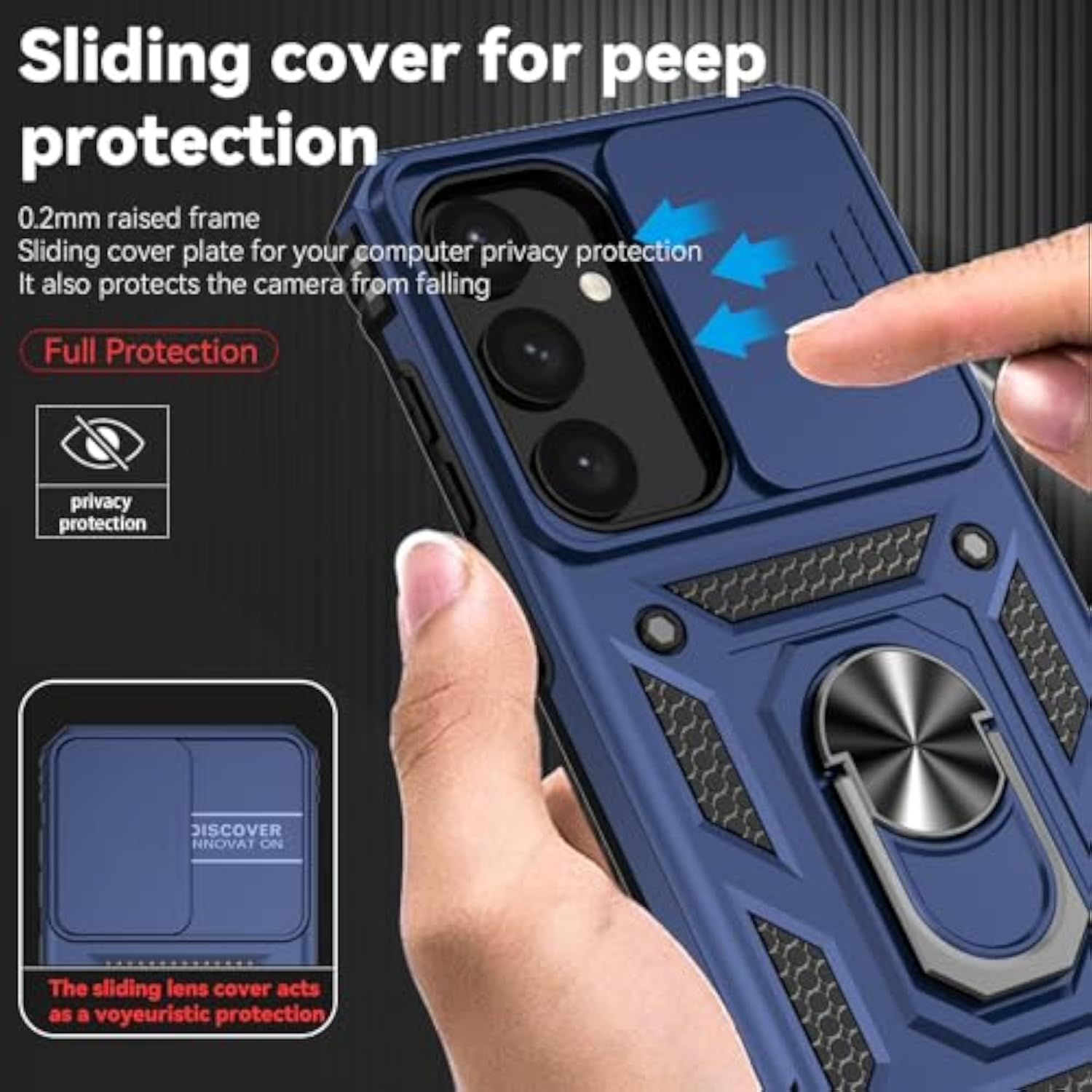 Samsung Galaxy S25 Plus Case with Slide Camera Cover HD Screen Protector, Military Grade Drop Tested, Magnetic Ring Holder Kickstand Protective Phone Case for Galaxy S25+ Plus 5G 2025, Navy Blue
