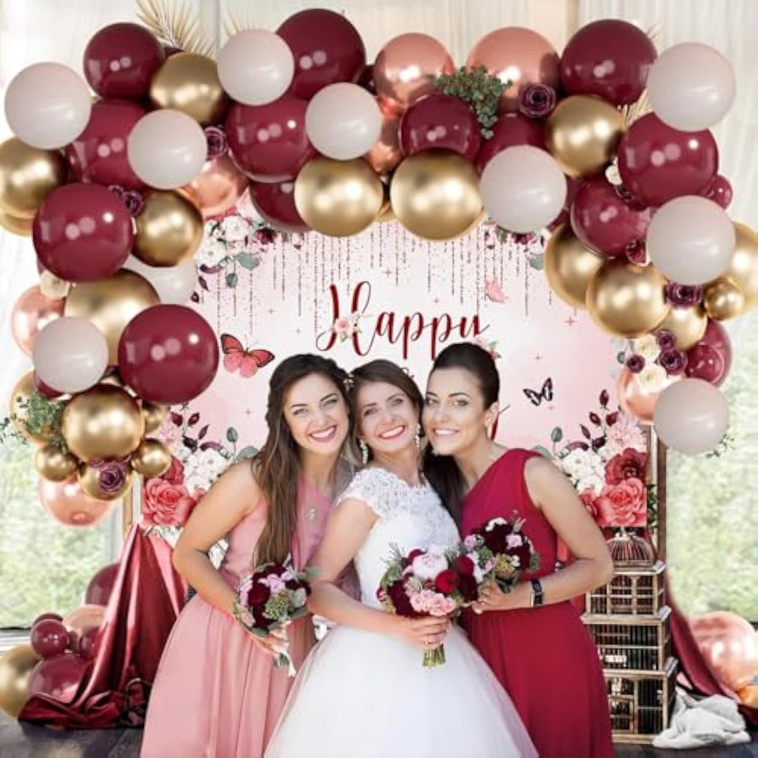 Burgundy Floral Happy Birthday Decorations Women Girls Party Supplies Including Flower Birthday Backdrop 5X3Ft,50 Pcs Burgundy Rose Gold Balloons Garland Arch Kit