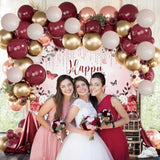 Burgundy Floral Happy Birthday Decorations Women Girls Party Supplies Including Flower Birthday Backdrop 5X3Ft,50 Pcs Burgundy Rose Gold Balloons Garland Arch Kit