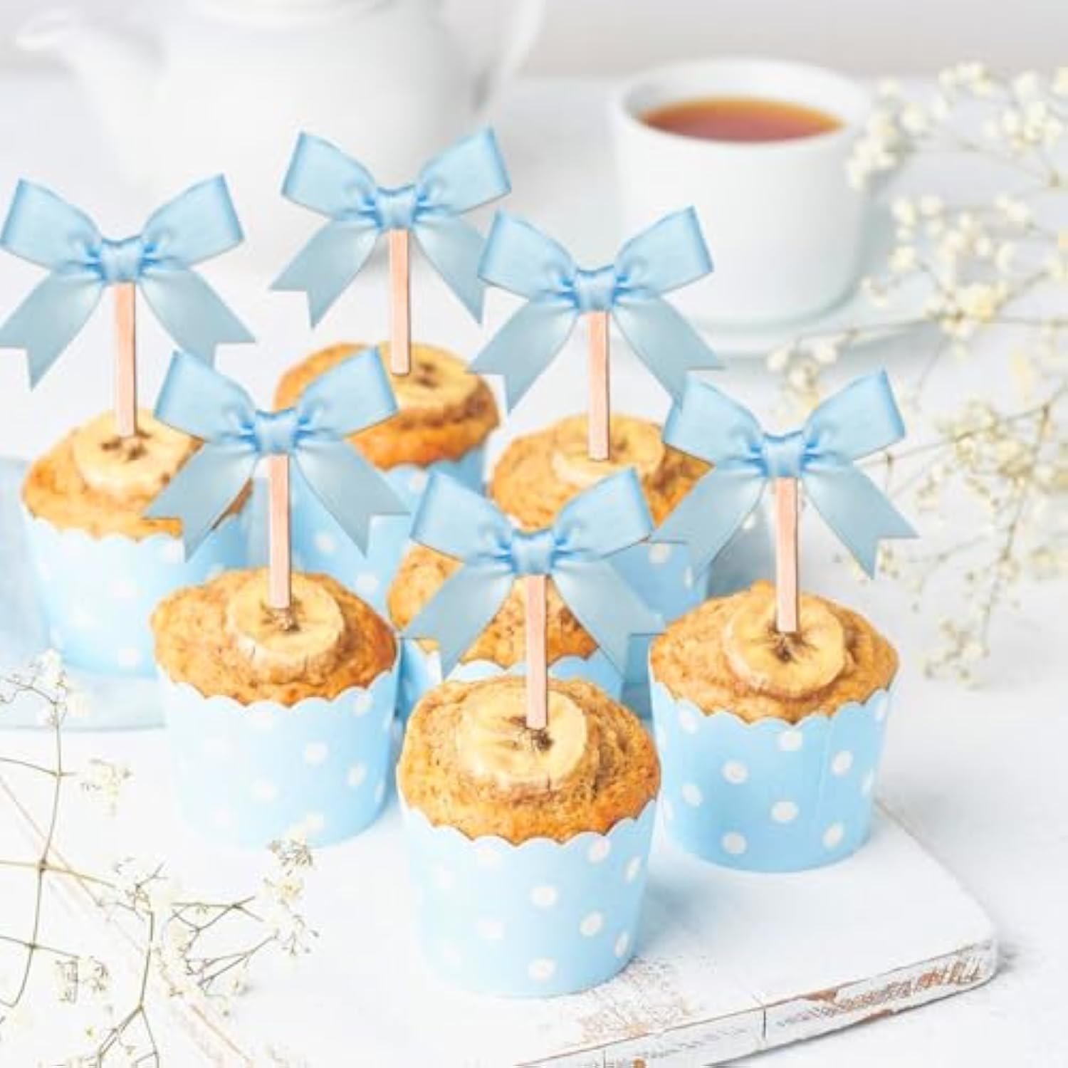 24Pcs Blue Bow Cupcake Toppers Blue Bow Birthday Decorations For Coquette Bridal Baby Shower Wedding Themed Party Decorations Supplies (Blue)