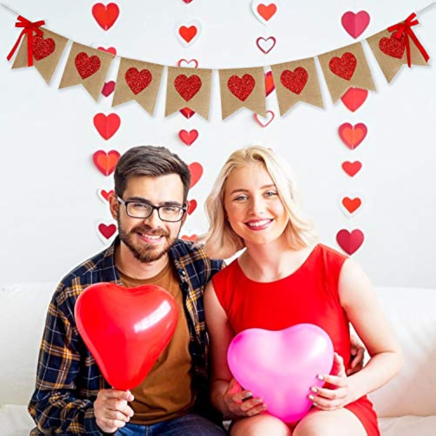 Burlap Heart Banner Garland | Red Glitter Heart | Valentine'S Day Deco