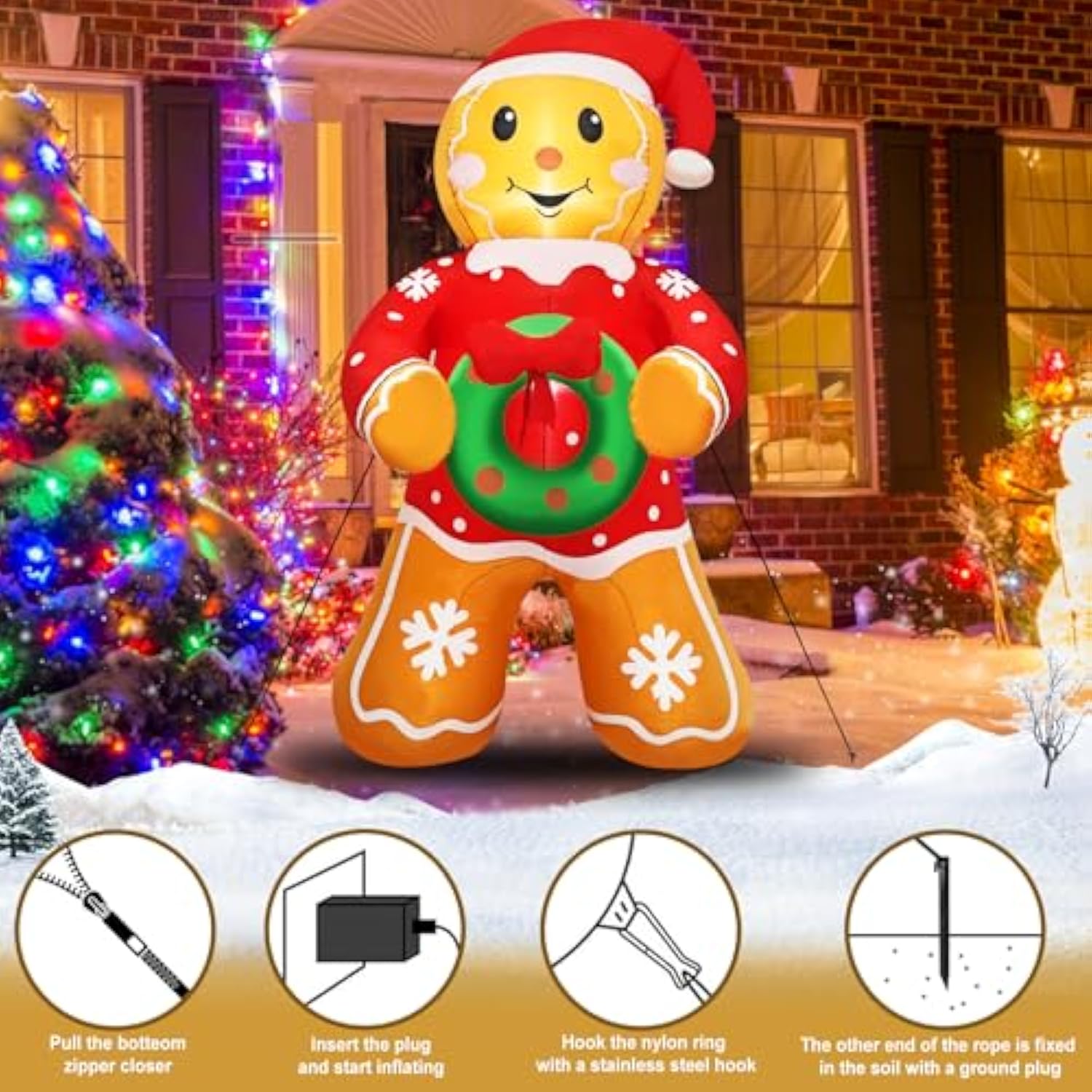 Christmas Gingerbread Man Inflatable Decoration 5.6 Ft Outdoor Holiday Yard Decor With Santa Hat And Wreath, Perfect For
