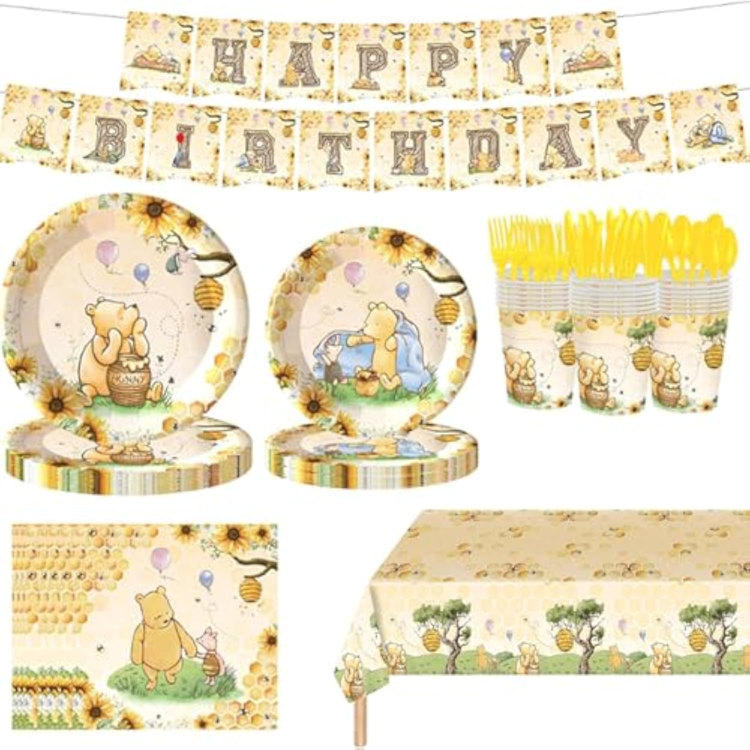142Pcs Classic Bear Baby Shower Decorations Baby Shower Party Tableware With Plates, Napkin, Forks, Cups Banner And Tablecloth For Birthday Party Supplies Set Serves 20 Guests (Yellow)