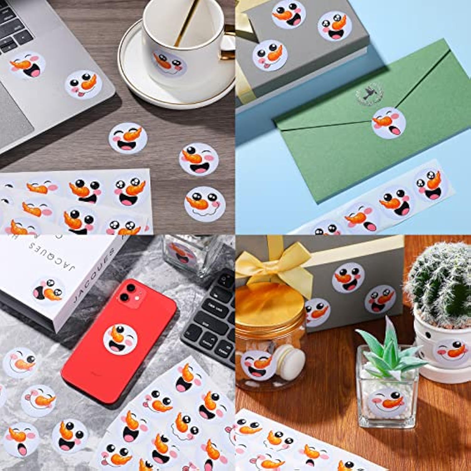 1000 Pieces Happy Snowman Stickers - Christmas Roll Circle Face Winter Holiday Label - Cute Seals Cards Fun Presents For Kids Xmas Party Decoration Supplies
