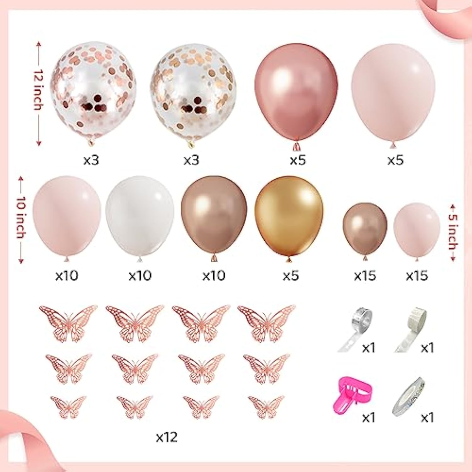 134pcs Rose Gold Balloon Arch Kit with Baby Boxes & Butterfly Stickers for Party