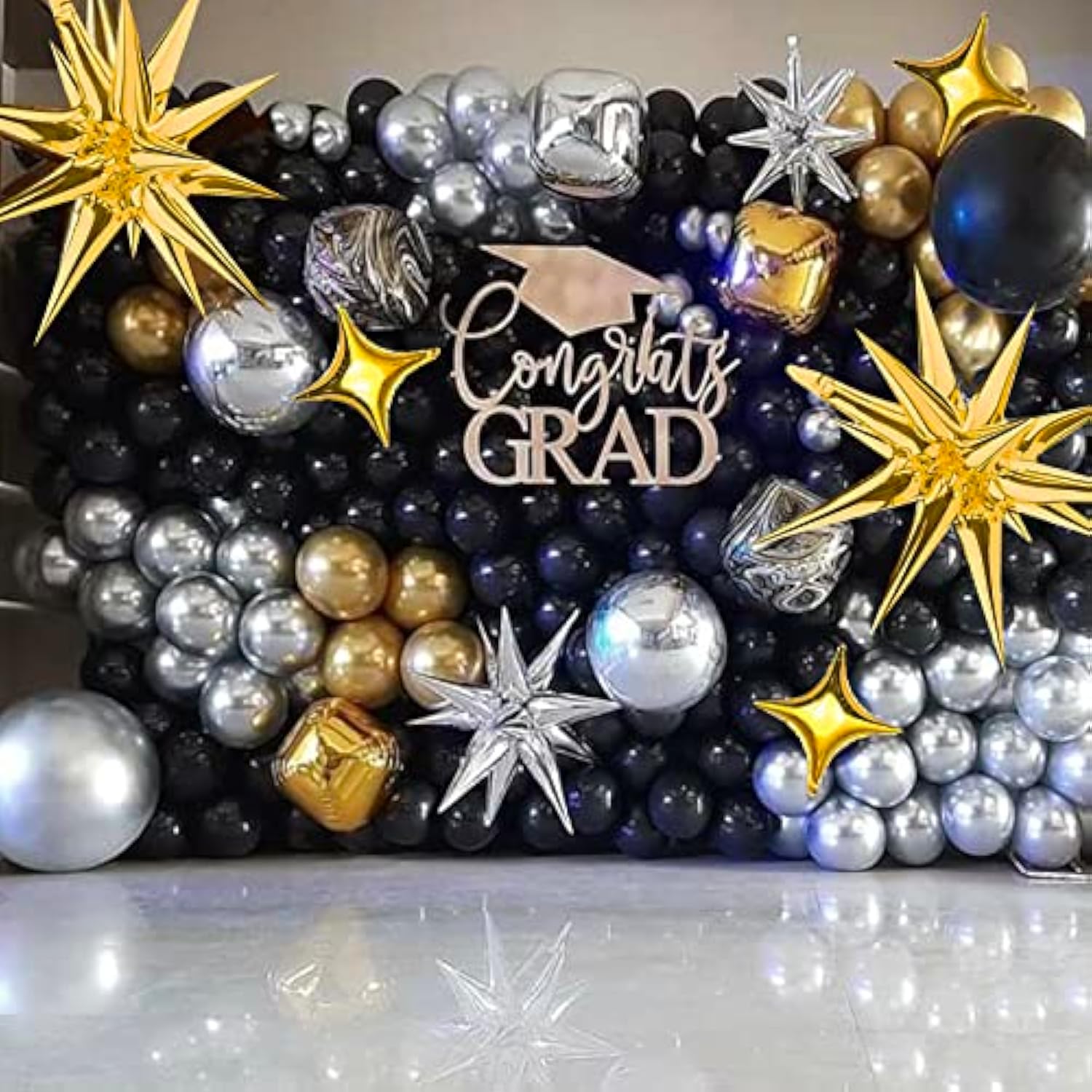 Gold Star Foil Balloons Kit - 6 Pack 12 Point Starburst Cone And Spike Balloons With 10Pcs Four Pointed Stars For Wedding, Baby Shower, Photo Booth, Birthday Party Supplies