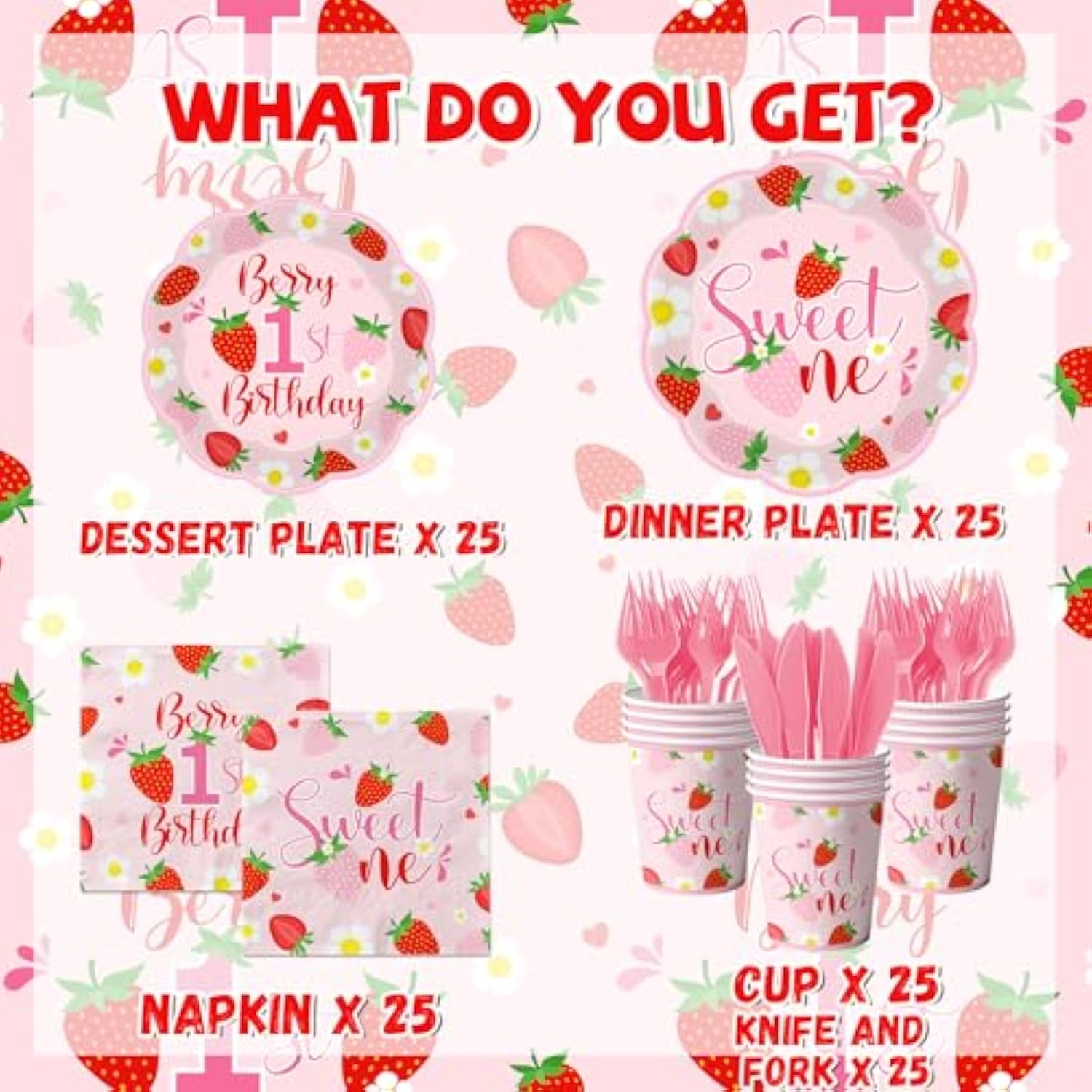 Berry First Birthday Decorations Tableware,150Pcs Berry Sweet One Plates And Napkins,Cup, Forks Knives,Strawberry First Birthday Decorations For Girl,Serve 25