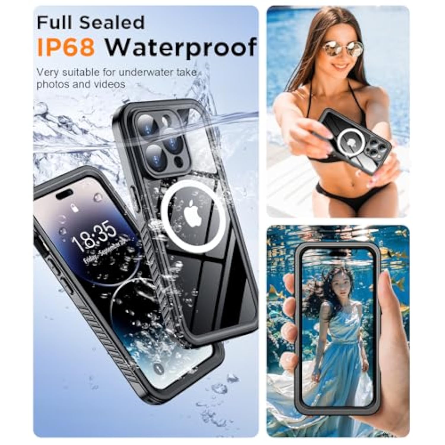 Magnetic For Iphone 14 Pro Max Case Waterproof,Built-In Screen Protector[Ip68 Underwater][Upgrade Military Dropproof][Compatible With Magsafe] Full Body Shockproof Translucent Case 6.7''