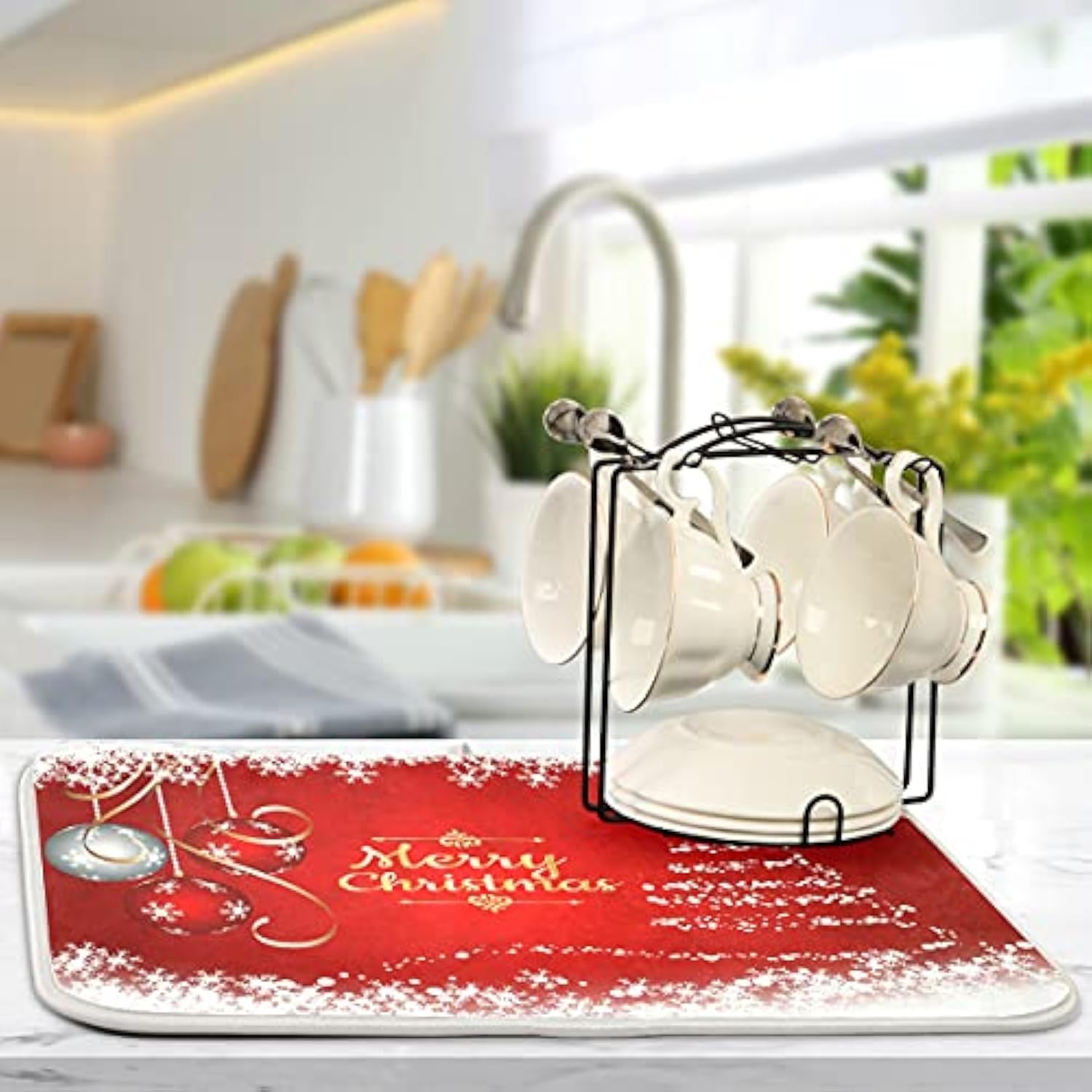 Merry Christmas Tree Dish Drying Mat 18X24 For Kitchen Counter Winter Snowflake Xmas Jingle Bells Drying Mat Pad Absorbent Fast Dry Dishes Draining Mats Large Red Kitchen Accessories