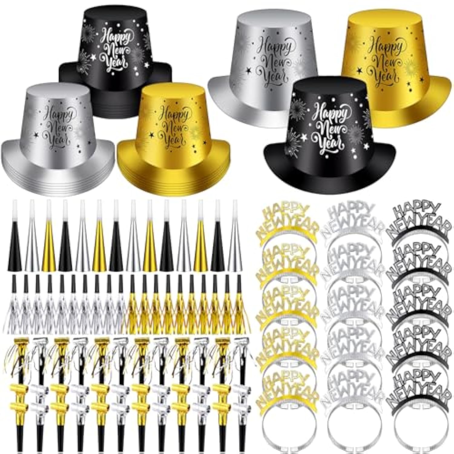 208Pcs 2026 New Year Eve Party Supplies Hats Headbands Tiaras Horns Noisemakers