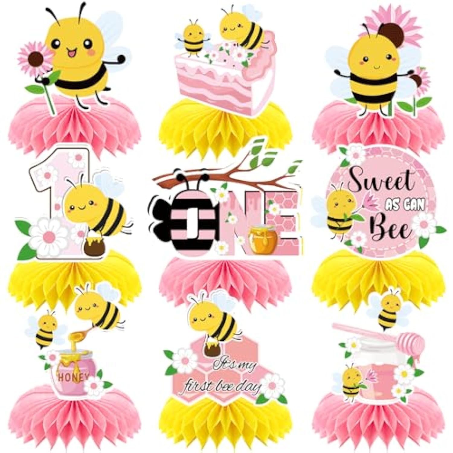 9Pcs Happy 1St Bee Day Honeycomb Centerpieces Bumble Bee First Birthday Party Table Decorations Pink It'S My 1St Bee Day Table Centerpiece For Girl Baby Shower Sweet As Can Bee Table Topper Sign Decor