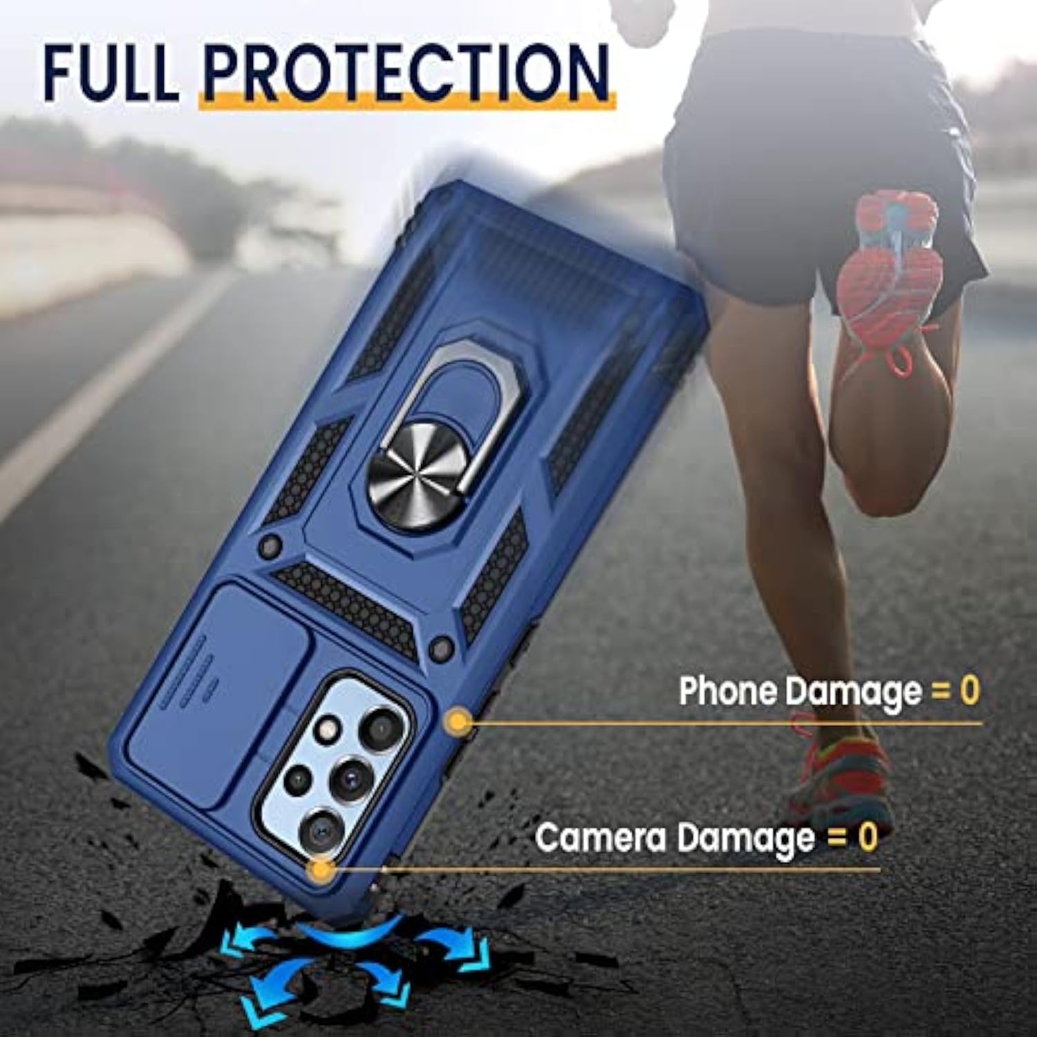 Compatible With Samsung Galaxy A53 5G Case With Camera Cover & 360° Kickstand Ring With Tempered Glass Screen Protector, Grade Shockproof Protective Bumper Cover For A53 5G Blue