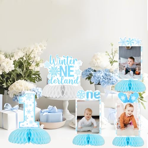 Winter Onederland 1st Birthday Party Decoration, 8pcs Winter Onederland Photo Honeycomb Centerpiece Blue Snowflake Table Topper for Winter Onederland One Year Old 1st Birthday Boy Decoration